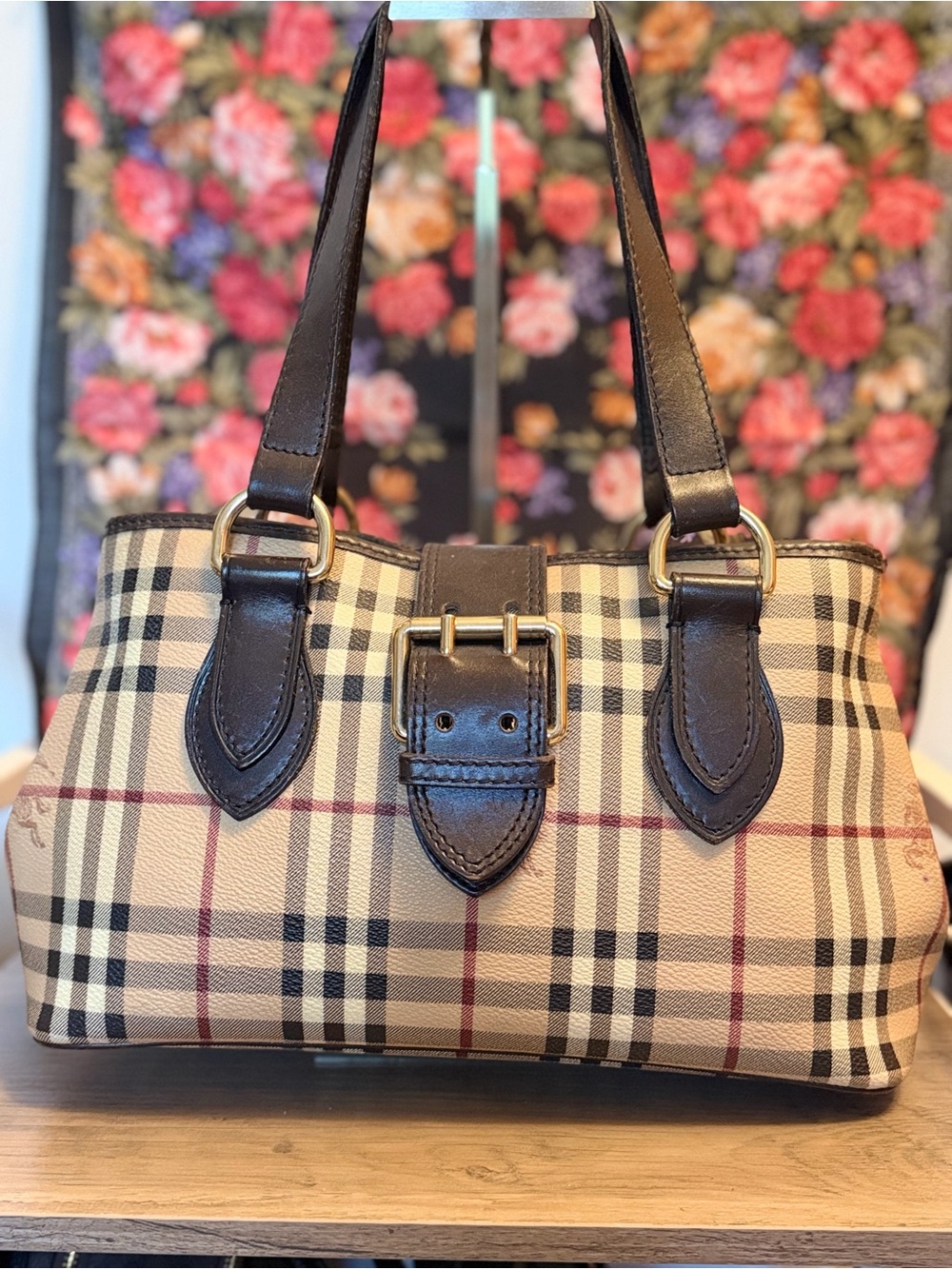 Burberry Haymarket Check Eden Shoulder Bag with Dark Brown Leather Trim
